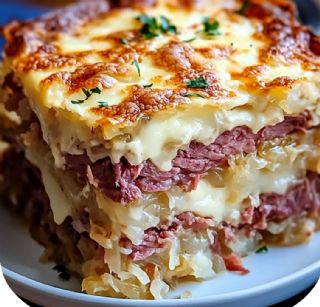Reuben Bake with Layers of Corned Beef, Sauerkraut, and Swiss Cheese image